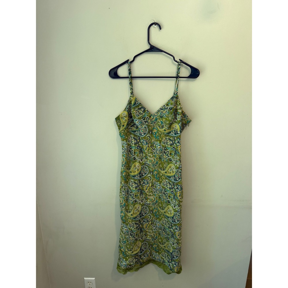 Express World Brand Green Paisley Lace Trim Slip Dress Size 9/10 Sleeveless Midi
